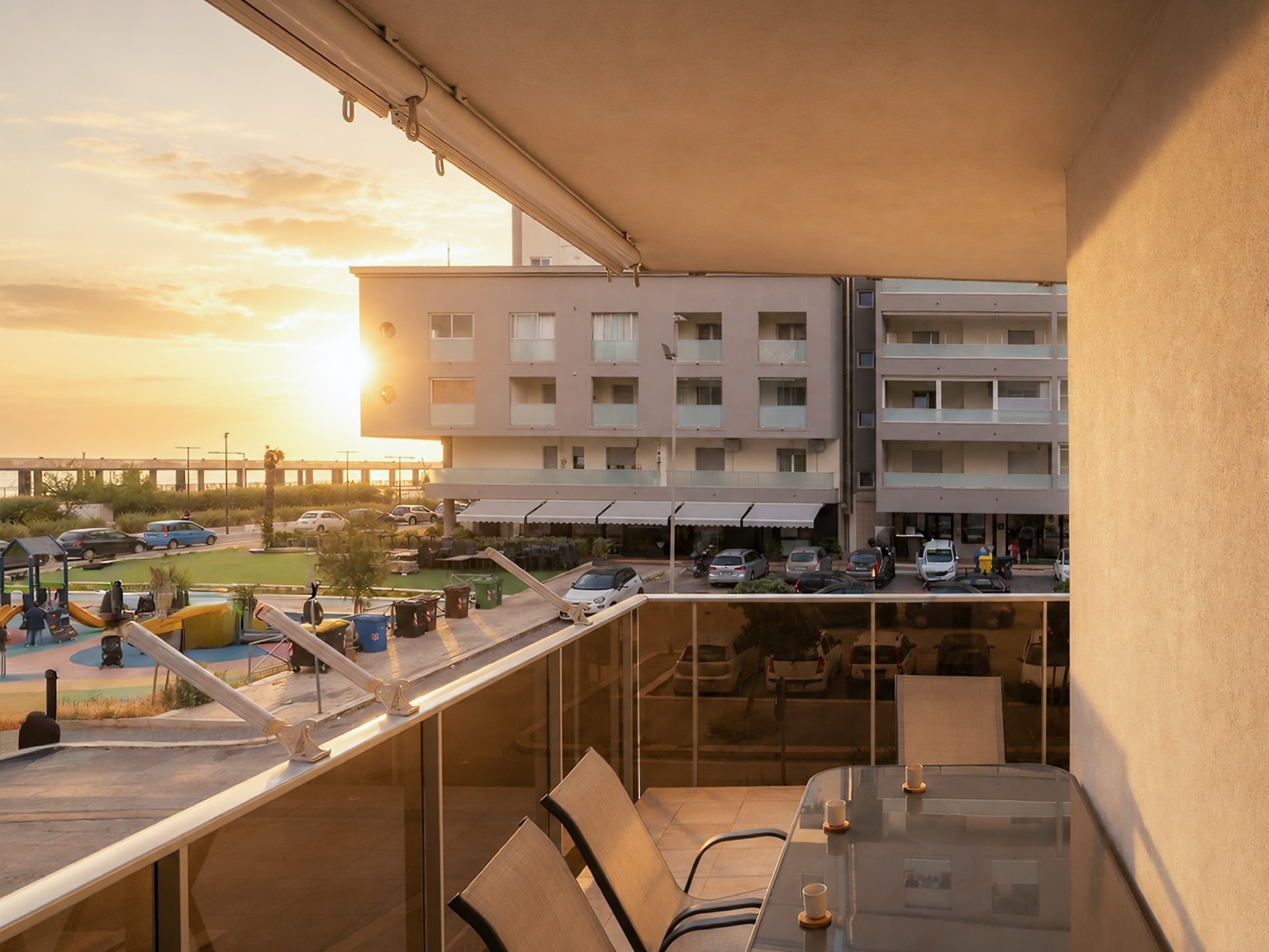 Furnished veranda at sunset