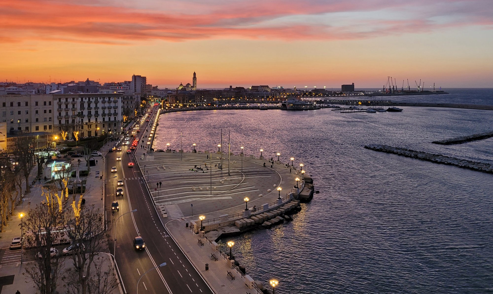 Bari’s waterfront in the evening.